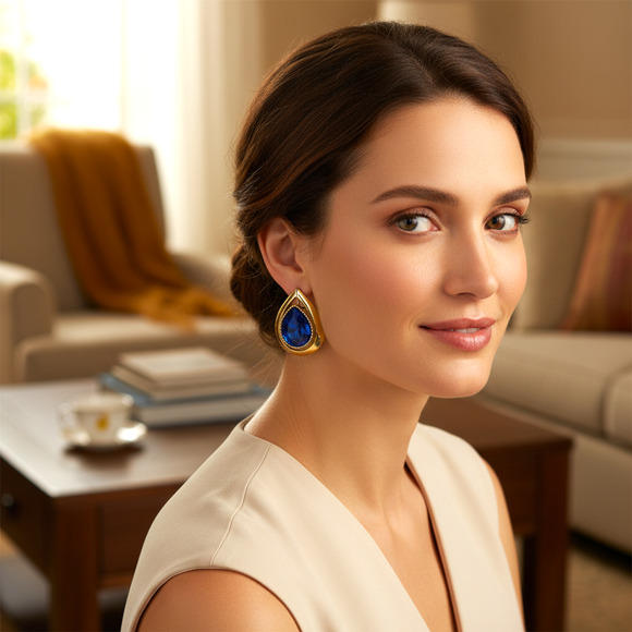 Vintage 1980's Oversized Earrings Blue Crystal Teardrop Gold Tone Pierced Mogul - Picture 2 of 6